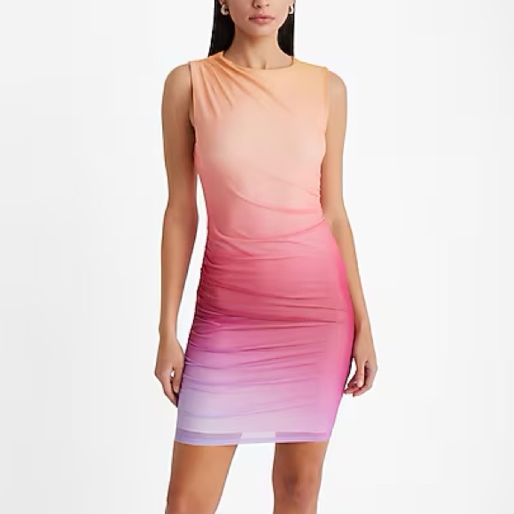 Express Ombré Mesh High Neck Sleeveless Ruched Sheath Dress